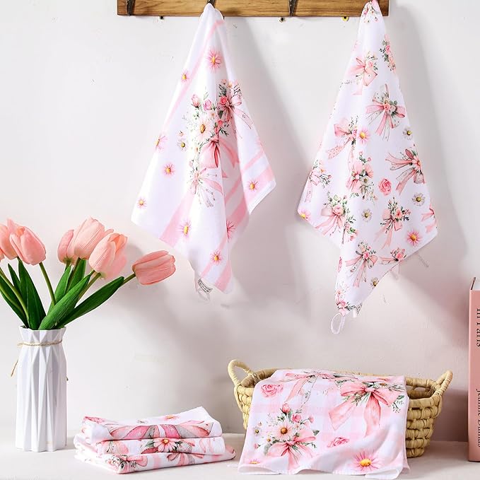 Breling Set of 6 Pink Bow Kitchen Towels Coquette Floral Dish Towel Bathroom - Image 3