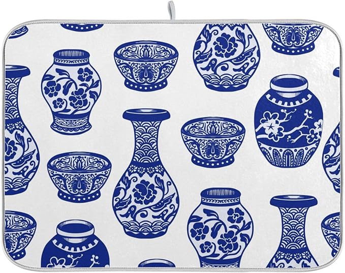 Chinese Blue Vases Dish Drying Mat Super Absorbent Drying Mat Large Coffee Mat by OTVEE