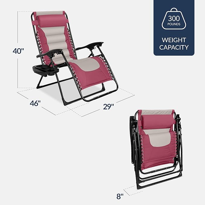 Best Choice Products Oversized Padded Zero Gravity Chair, Folding Outdoor Patio Recliner, XL Anti Gravity Lounger for Backyard w/Headrest, Cup Holder, Side Tray, Polyester Mesh - Pink/Taupe - Image 3