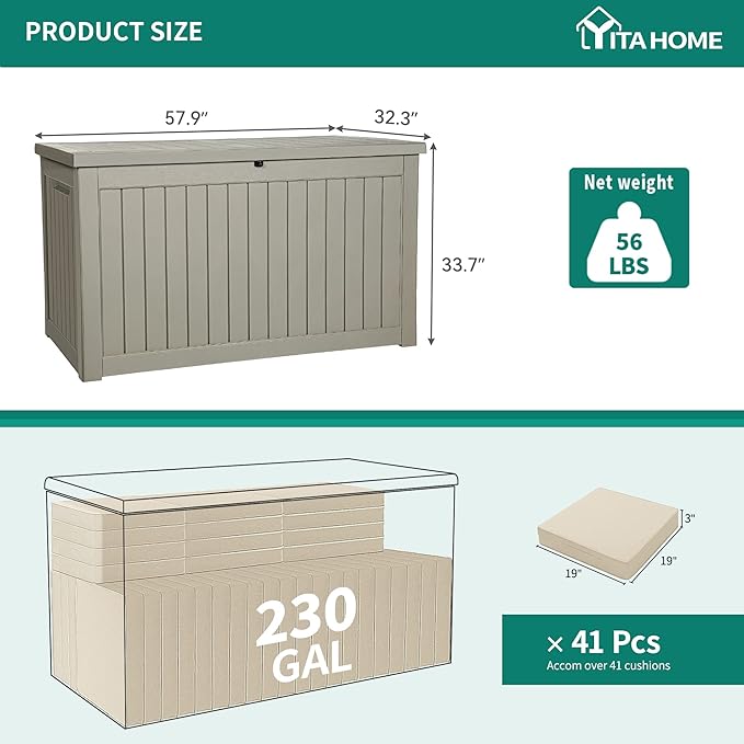 YITAHOME 230 Gallon Outdoor Storage Deck Box, Weather-Resistant Resin, Versatile for Patio Furnishings, Outdoor Cushions, Garden Tools, and Sports/Pool Gear, Taupe - Image 7