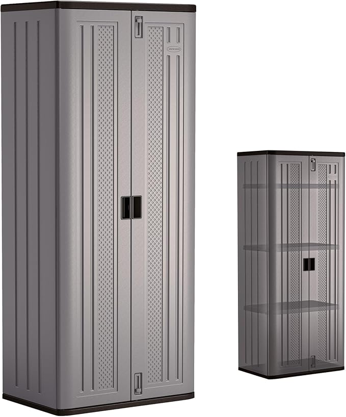 Suncast Tall Storage Cabinet, Platinum Resin Garage Storage Cabinet with Doors & Shelves, Plastic, Lockable, Freestanding Utility Closet for Tools & Supplies, Made in USA by Suncast