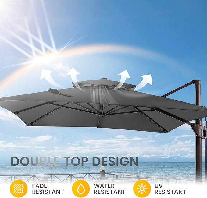 10 X 13 FT Cantilever Patio Umbrella with LED Lights Outdoor Heavy Duty Double Top Windproof Rectangle Offset Umbrellas with 360-degree Rotation for Pool Deck Backyard, Grey - Image 8