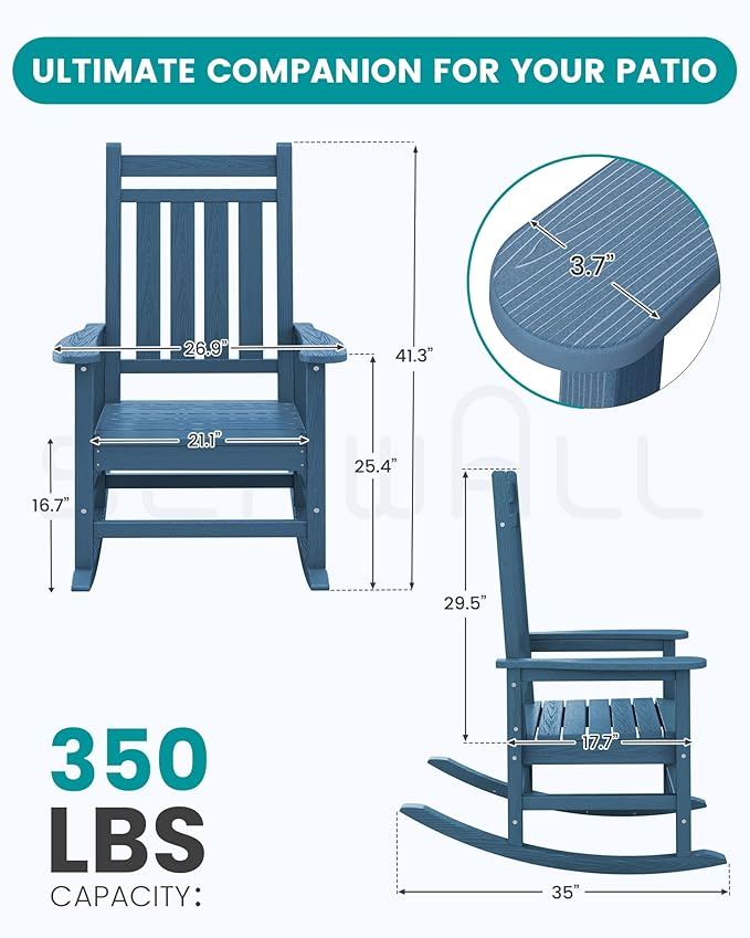SERWALL HDPE Outdoor Rocking Chair Set of 8, Patio Rocking Chairs for Adults, All Weather Outdoor Rockers for Lawn, Blue - Image 3