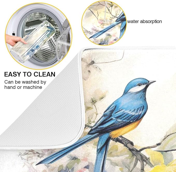ALAZA Spring Blue Bird with Yellow Flowers Butterflies Dish Drying Mat - Image 2