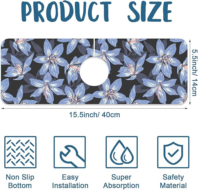 Blooming Lily Sink Faucet Absorbing Mat Blue Lily Flowers Super Absorbent Fast - Image 2