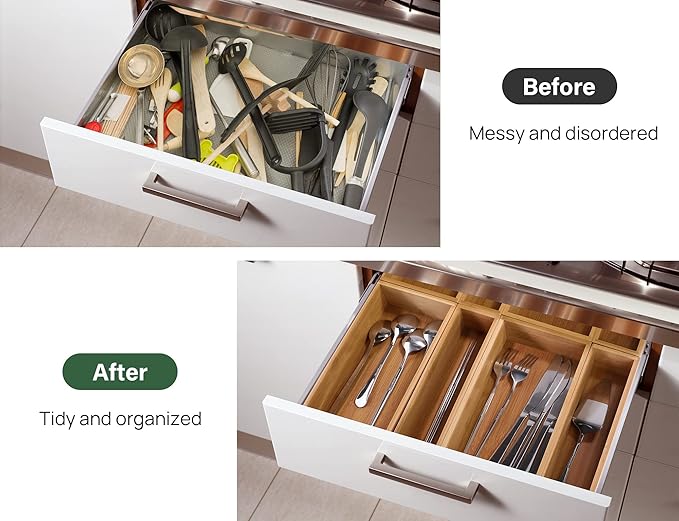 Kootek 8 Pcs Bamboo Drawer Organizer Utensil Tray Kitchen Storage Box 4-Size - Image 4