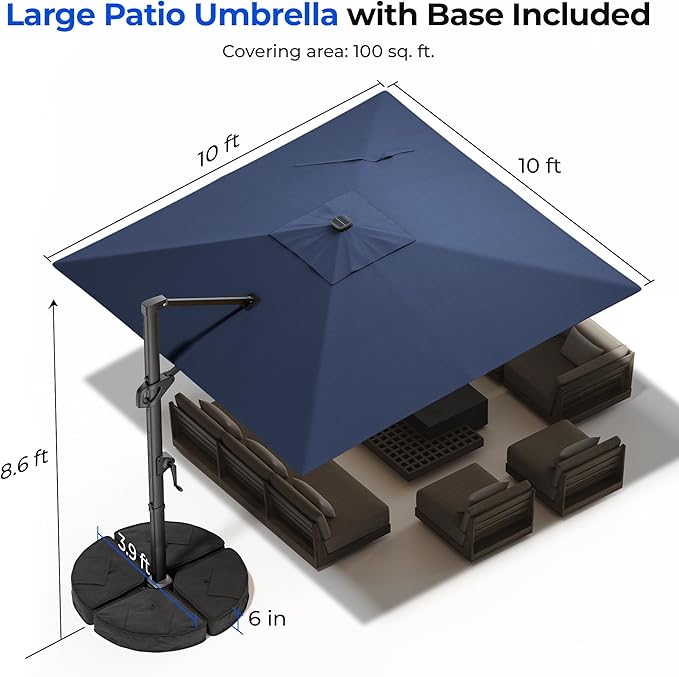 HOMSHADE 10 ft Square Cantilever Patio Umbrella with Base Included, Solar Lights Large Umbrella Outdoor Patio with 360°Rotation&Tilting, LED Lighted Offset Umbrellas w/Stand for Pool Deck - Image 3