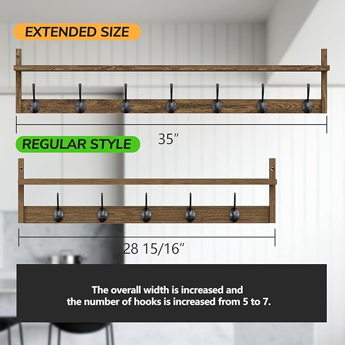 BAMEOS 35" L Wooden Coat Rack Wall Mount, Large Wall Coat Hooks - Image 2