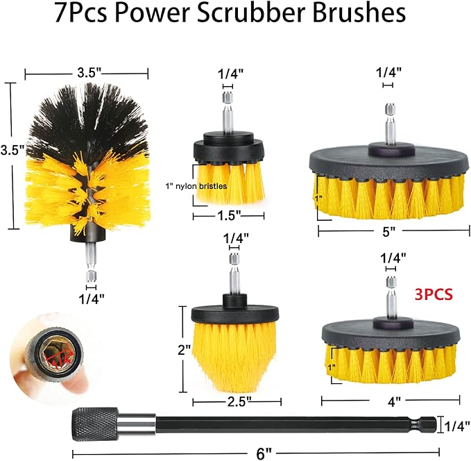 Drill Brush Attachment Set, 7 Pack 1/4in Power Scrubber Brush + Extend Long Rod - Image 2