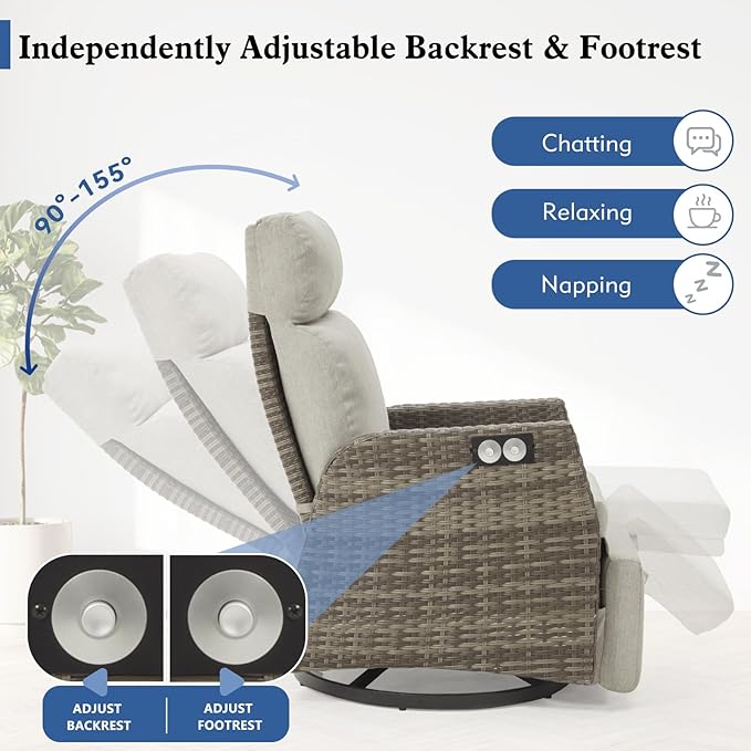 Adjustable Outdoor Recliner Chair with Independent Backrest & Footrest, Patio Swivel Recliner Chair, Wicker Reclining Patio Chair w/Flip-Up Table, Air Pump 155° Lay Flat Chaise Lounge, Gray - Image 4
