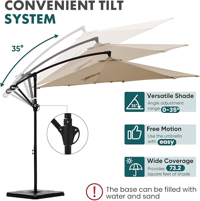 OLIXIS Offset Patio Umbrella, 9.7FT Cantilever Table Umbrellas for Outdoor Sun Shade UV Protection with Easy Tilt Adjustment, 8 Ribs for Backyard, Lawn, Garden, Pool - Khaki - Image 3