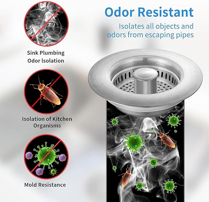 3-in-1 Kitchen Sink Drain Strainer & Sink Stopper 2 Pack : 304 Stainless Steel - Image 7