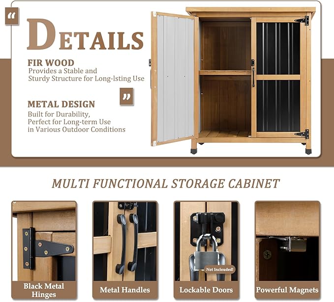 PetsCosset Weatherproof Outdoor Storage Cabinet with Lockable Doors, Wood & Metal Garden Storage Shed Patio Storage Box for Tools & Lawn Equipment, Pool Accessories - Image 5
