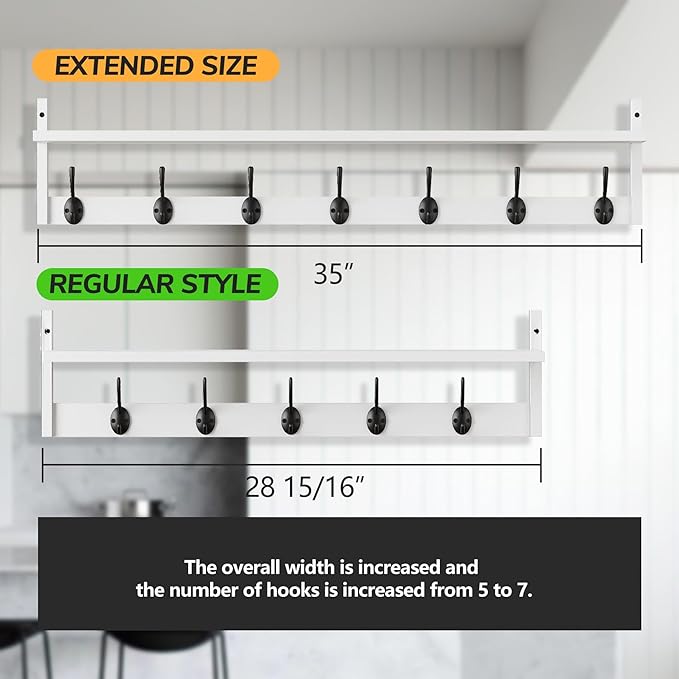 BAMEOS 35" L Wall Hooks with Shelf, Entryway Coat Hooks, Wood Wall Hanging Shelf - Image 2