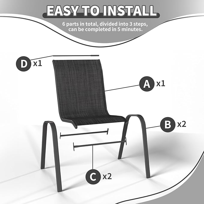 Patio Dining Chairs Set of 6, Outdoor Stackable Dining Chairs High Back, Patio Furniture for Backyard, Porch, Garden, Poolside (Dark Grey) - Image 5
