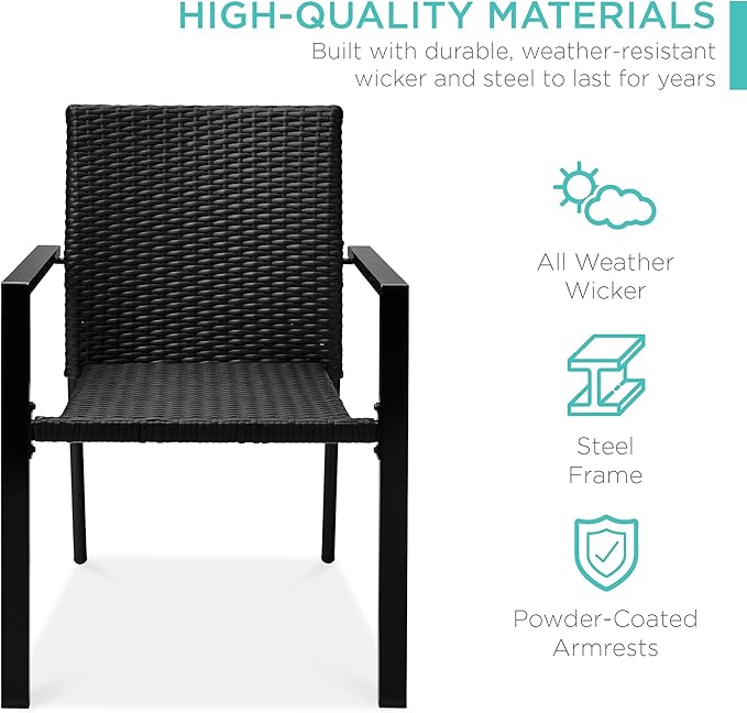 Best Choice Products Set of 2 Stackable Outdoor Wicker Dining Chairs All-Weather Firepit Armchair w/Armrests, Steel Frame for Patio, Deck, Garden, Yard - Black - Image 3