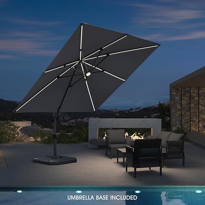 PURPLE LEAF 10 Feet Patio Umbrella with Base Outdoor Cantilever Solar Powered LED Square Umbrella Aluminum Offset Umbrella with 360-degree Rotation for Garden Deck Pool Patio Light Grey - Image 2