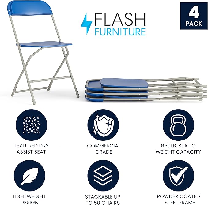 Flash Furniture Hercules Series Plastic Folding Chair - Blue - 4 Pack 650LB Weight Capacity Comfortable Event Chair-Lightweight Folding Chair - Image 3