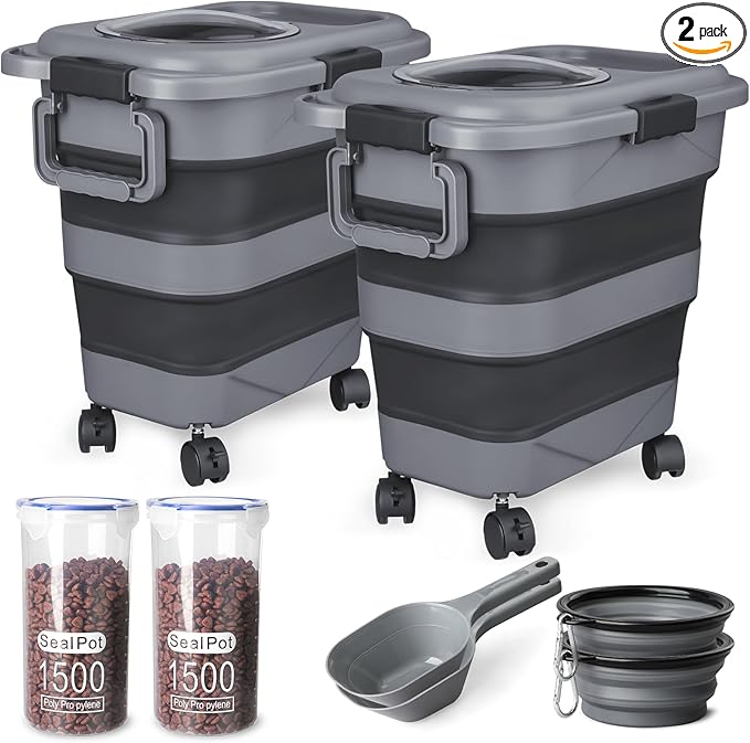 Dog Food Storage Container，2 Pack 25 lbs Airtight Collapsible Cat Food Storage by TIOVERY