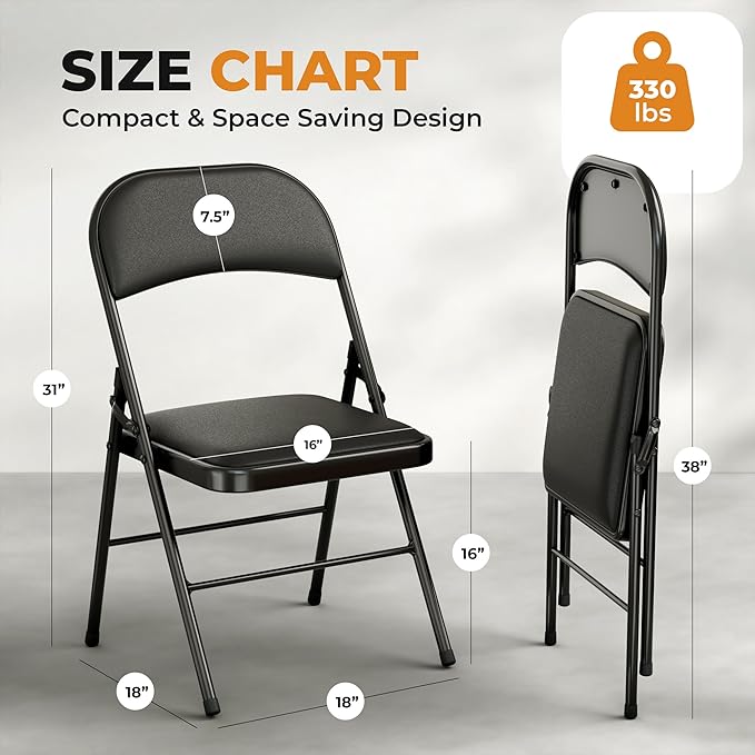 4 Pack Leather Chair | Foldable & Stackable | 350 lbs Capacity Steel Frame Seats for Indoor or Outdoor | Commercial Use Events Wedding Party Events Bulk Picnic Kitchen Dining - Black - Image 3
