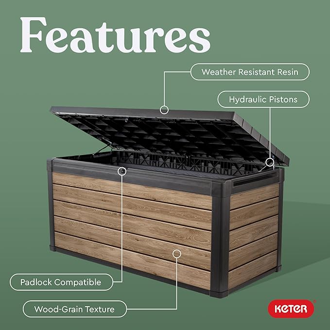 Keter Signature Collection 150 Gallon Resin Deck Box Organization and Storage Box for Patio Outdoor Cushions, Throw Pillows, Garden Tools and Pool Supplies, Ashwood - Image 4