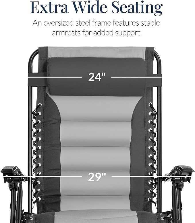 Best Choice Products Oversized Padded Zero Gravity Chair, Folding Outdoor Patio Recliner, XL Anti Gravity Lounger for Backyard w/Headrest, Cup Holder, Side Tray, Polyester Mesh - Gray/Light Gray - Image 4