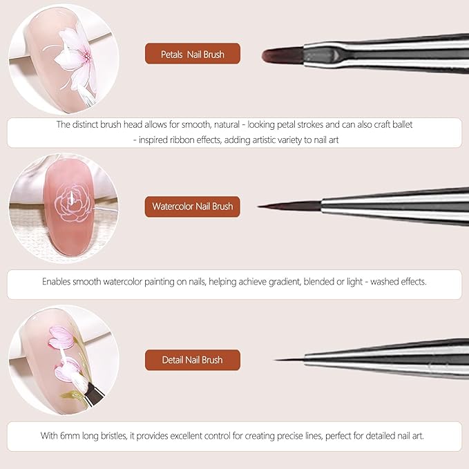 3Pcs Nail Art Brushes Set for Flower Petal Butterfly Drawing, 3D Gel Acrylic - Image 2