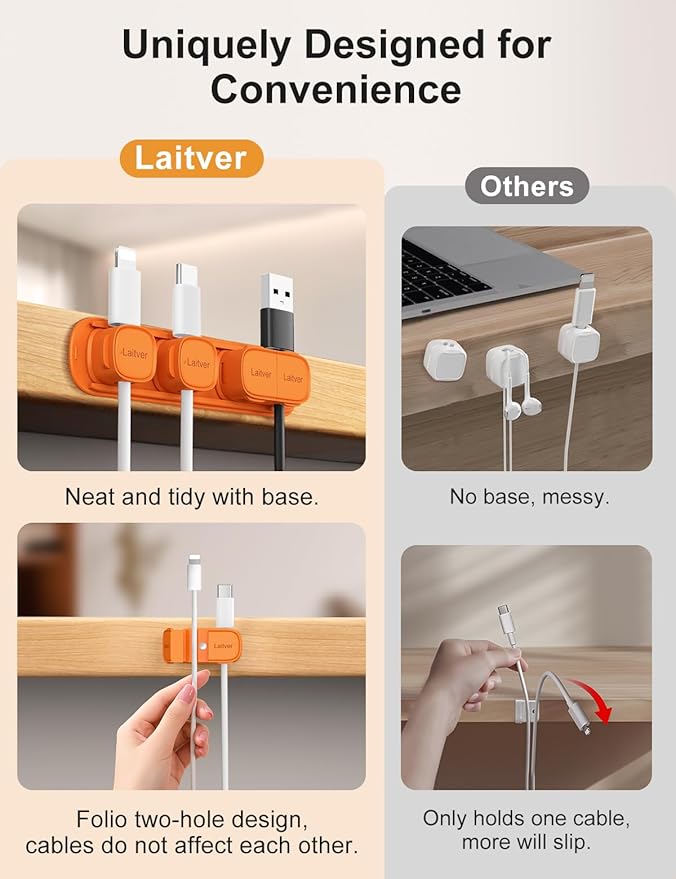 6 Pack Magnetic Cable Clips, Laitver Cord Organizer Holder Strong Adhesive Desk - Image 3