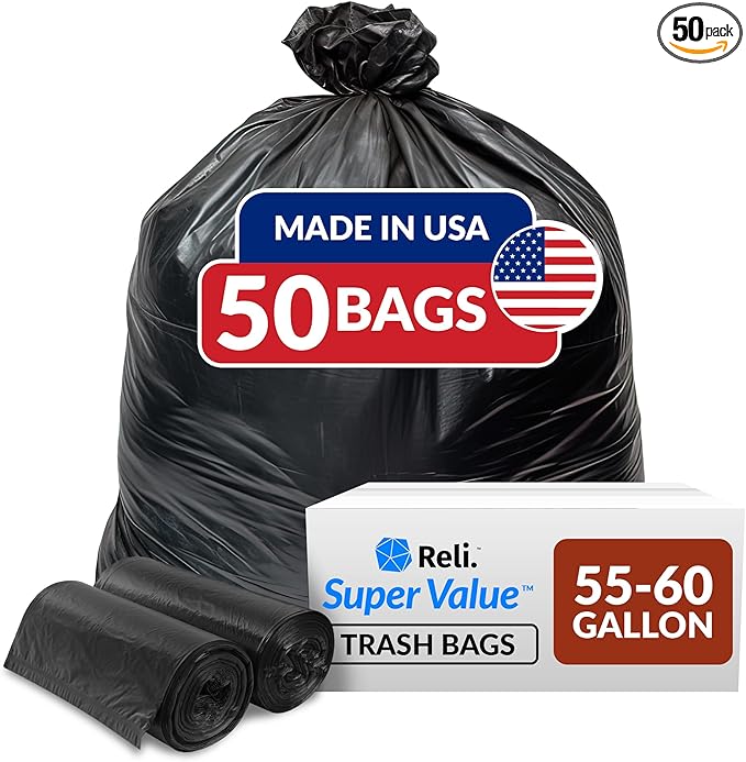 Reli. 55-60 Gallon Trash Bags Heavy Duty | 50 Bags | 50-60 Gallon | Large Black by Reli