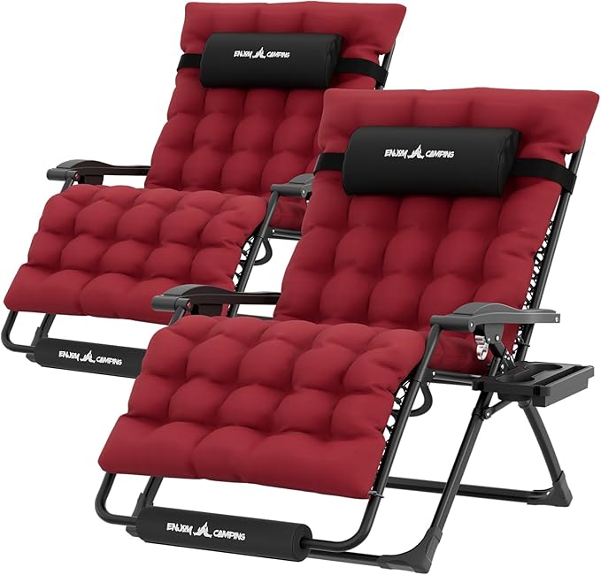 UDPATIO Oversized Zero Gravity Chair Set of 2, 29In XXL Patio Reclining Chair with Cushion, Outdoor Folding Recliner with Pillows|Cup Holder|Foot Rest|Padded Headrest, Burgundy, Support 500LB by UDPATIO