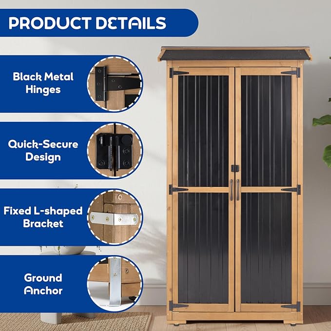 Outdoor Storage Cabinet Weather-Resistant, Wood & Metal Storage Shed with 3 Removable Shelves, Waterproof Roof, Adjustable Feet, Patio Storage Cabinet Outside for Garden Garage Backyard Pool - Image 6