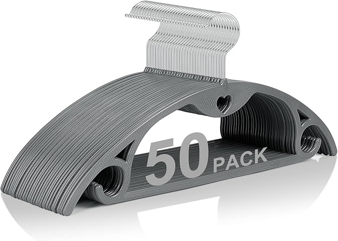 Grey Plastic Hangers 50 Pack: No Shoulder Bumps Ultra Thin Plastic Hanger by TARANCH