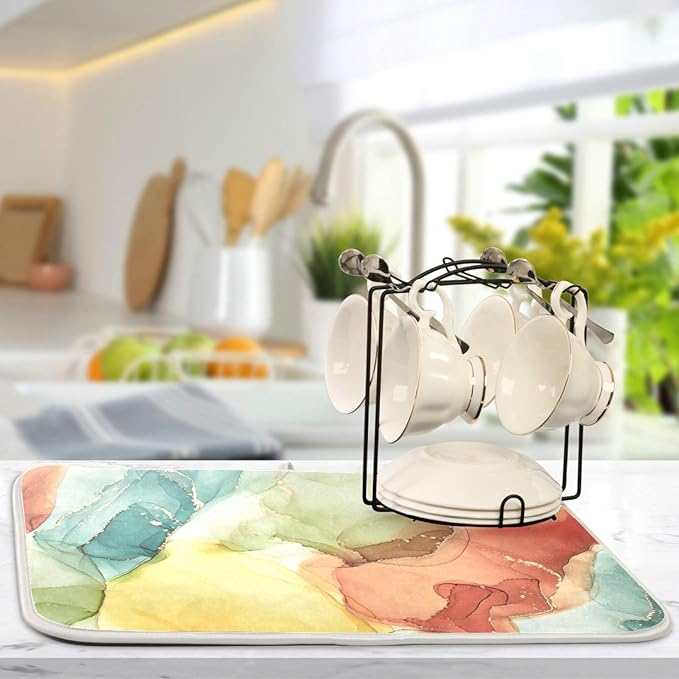 ALAZA Orange Yellow Teal Blue Geen Marble Ink Abstract Fluid Art Dish Drying Mat - Image 5