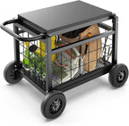 FLINTER Rolling Garden Work Seat with Wheels, Heavy Duty Garden Cart with Seat - Metal Rolling Garden Stool, Upgraded Gardening Cart for Seniors, Outdoor Wagon for Lawn, Patio Gardening, Black by FlinterOfficial