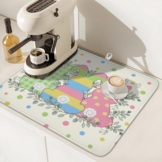Easter Bunny Dish Drying Mat for Kitchen Counter Cute Rabbit Colorful Polka - Image 7