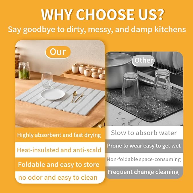 Stone Dish Drying Mat for Kitchen Counter, Non-Slip Quick Absorbent - Image 4