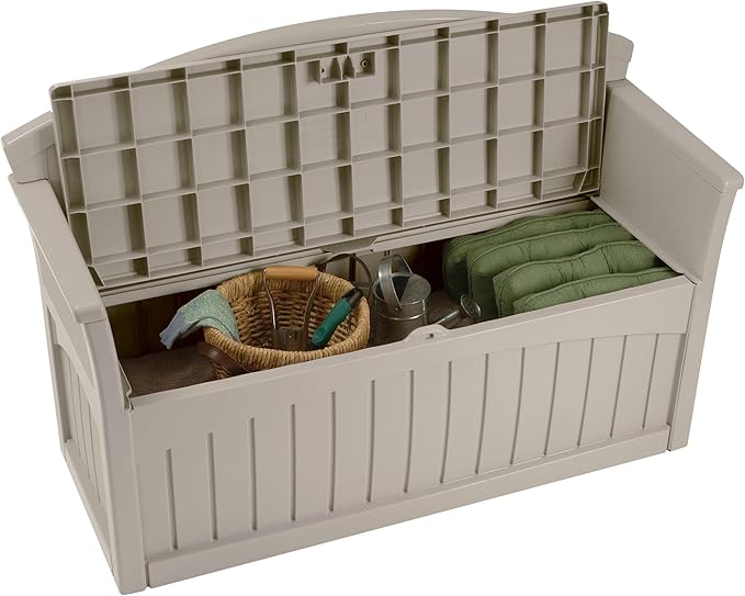 Suncast Outdoor Storage Bench - 50 Gallon Taupe Resin Outdoor Bench with Storage for Cushions, Tools & More. All-Weather Patio Deck Box with Seat for Porch, Pool, Yard, & Garden, Made in USA - Image 13