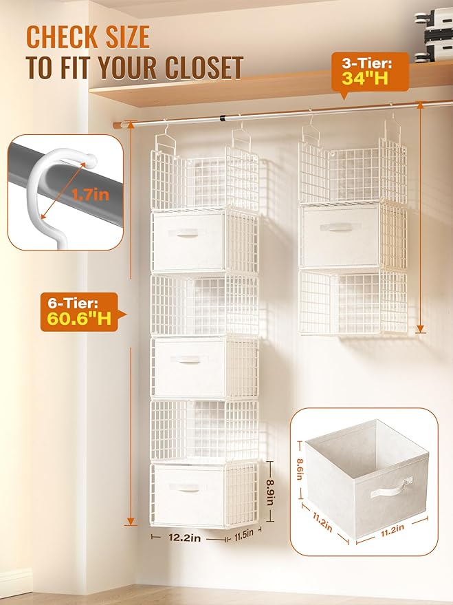 Closet Hanging Organizer with Drawers, 6 Tier Metal Closet Organizers and - Image 2