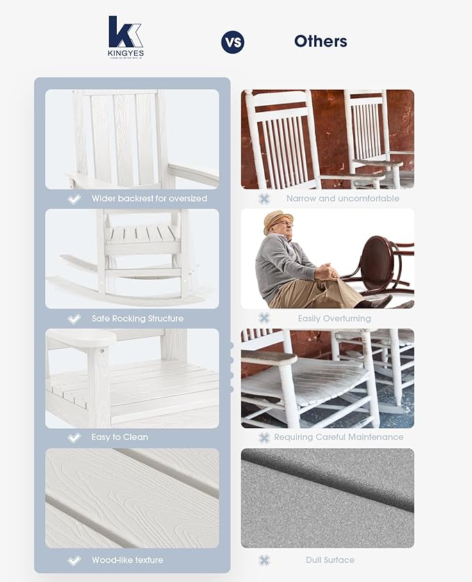 KINGYES Oversized Outdoor Rocking Chair Set of 8, All-Weather Patio Rocking Chairs for Porch, HDPE Outdoor Patio Rockers with High Back & Wide Seat for Garden, Lawn, White - Image 7
