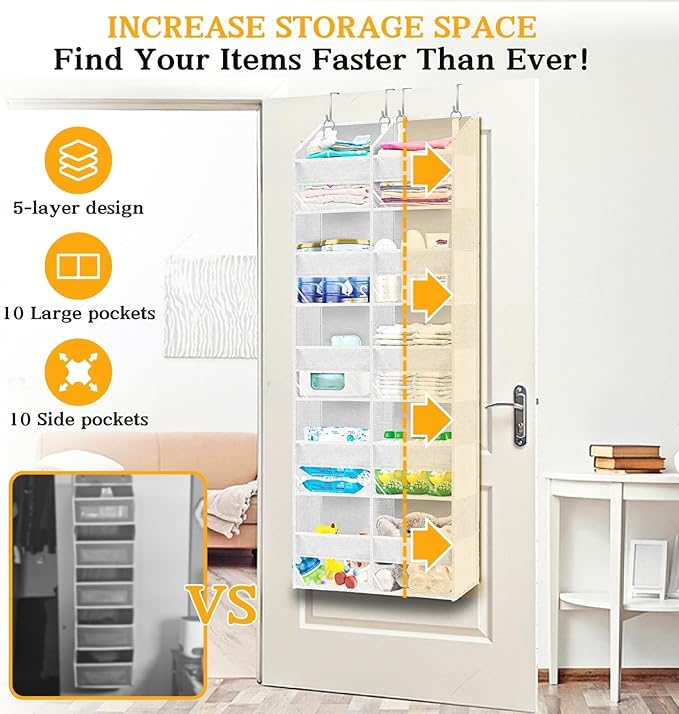 Over The Door Organizer 5 Tiers, Extra Large Behind Door Storage of 10 - Image 3