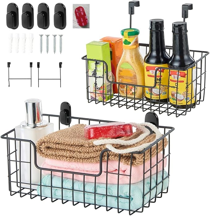 Wire Storage Basket 2 Packs, Wall Mounted Kitchen Bathroom, Hanging Cabinet by JUNCHUCHERRY