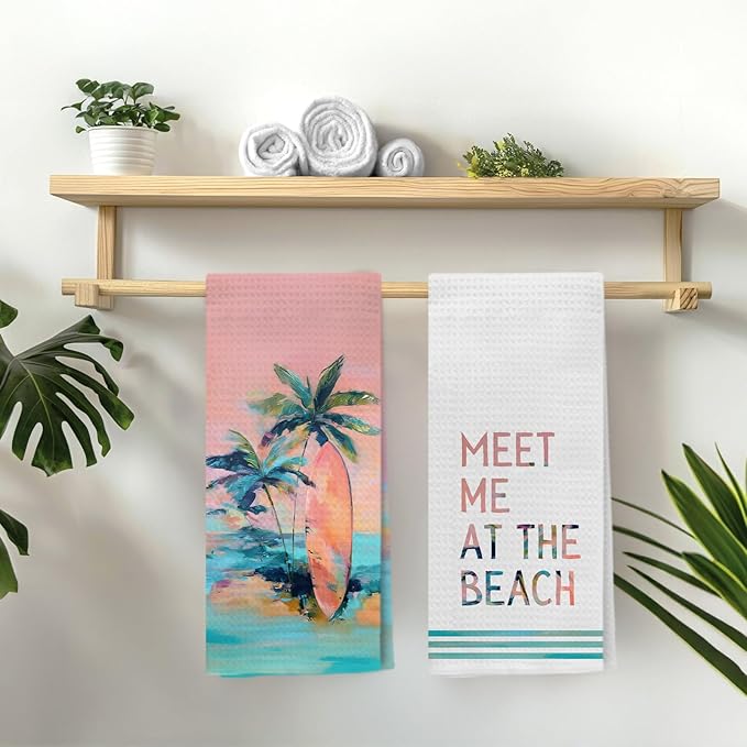 Boho Coastal Beach Kitchen Towels, Meet Me at The Beach Decorative Hand Towels - Image 4