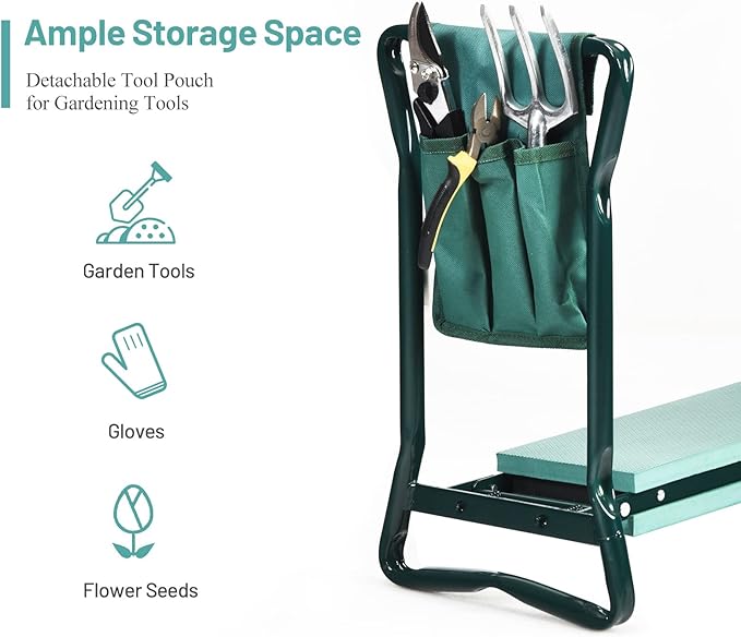 2-in-1 Garden Kneeler & Seat, Folding Seat w/EVA Foam Kneeling Pad & Removable Tools Pouch, Sturdy Steel Frame, No Assembly, Portable Heavy Duty Garden Stool for Women & Men - Image 7