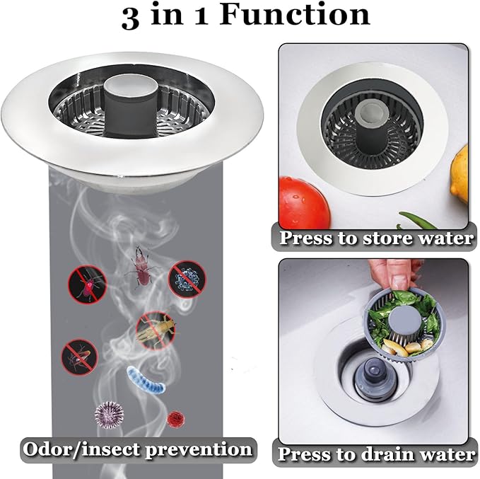 3 in 1 Kitchen Sink Stopper, Pop Up Kitchen Sink Drain Strainer, - Image 2