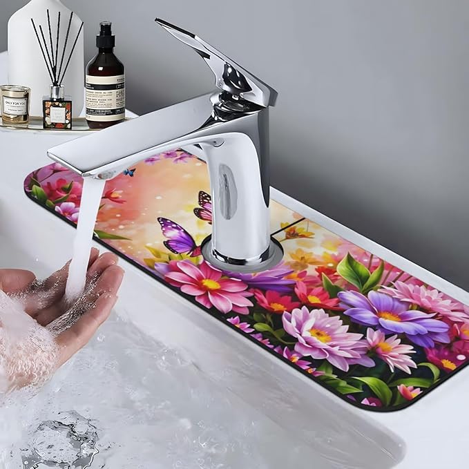 Pink butterfly flower Kitchen sink faucet pad, strong water absorption - Image 7