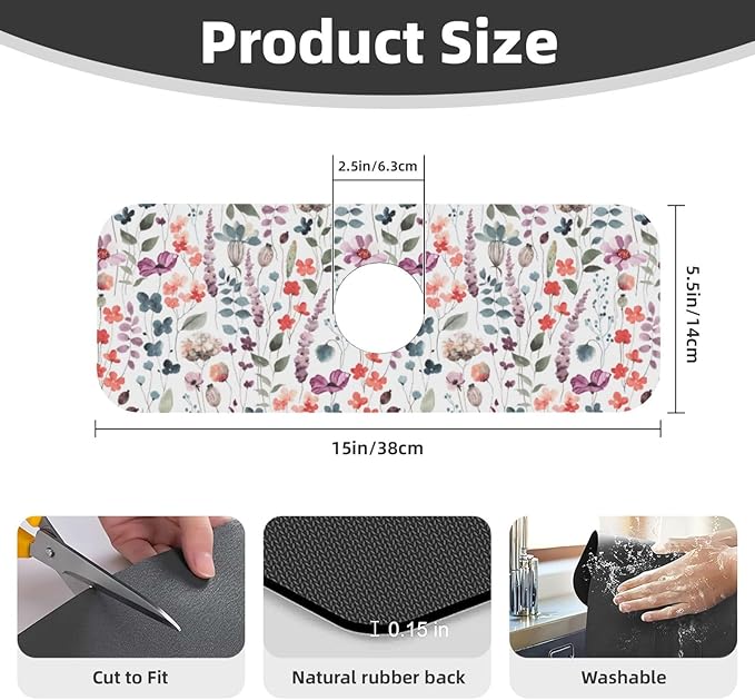 Vintage Watercolor Floral Flowers Abstract Leaves Kitchen Sink Splash Guard - Image 2