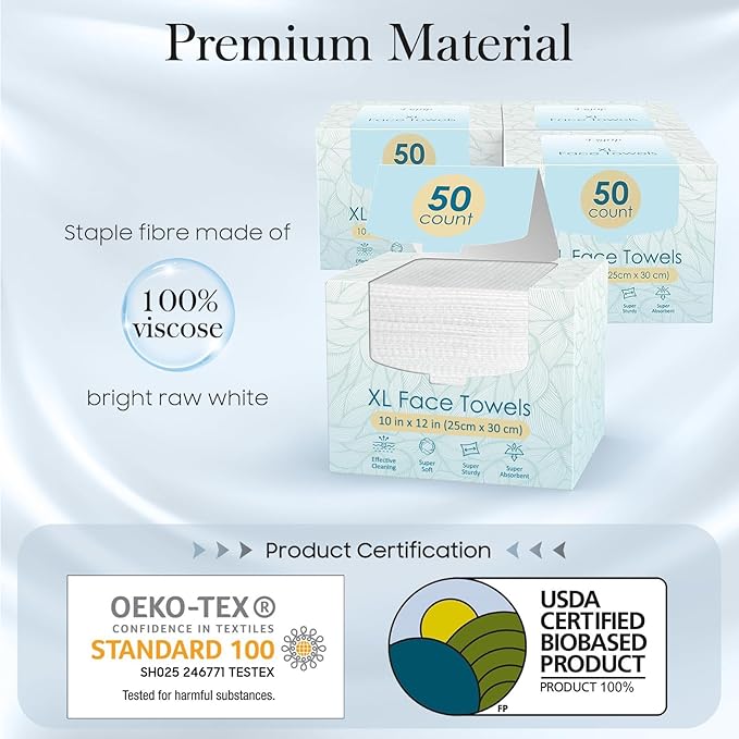 4 Pack of 50 count XL Disposable Face Towels 10” x 12”, 100% Viscose Fibre - Image 2