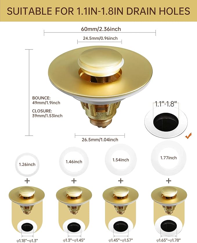 Fransiton Bathroom Sink Stopper, 1.1-1.77 Inch Basin Pop Up Sink Drain Stopper - Image 2