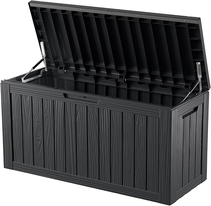ROJIK Outdoor Storage Housing Deck Box - Waterproof Patio Furniture, Garden Tools, Cushions, Pool Accessories Storage Bench with Lockable Lid and Side Handles (Black 80 Gal) by ROJIK