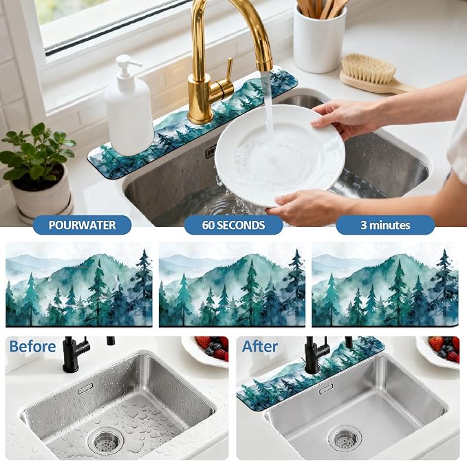 2 Pcs Kitchen Sink Splash Guard Faucet Mats Watercolor Forest Pattern Faucet Mat - Image 5